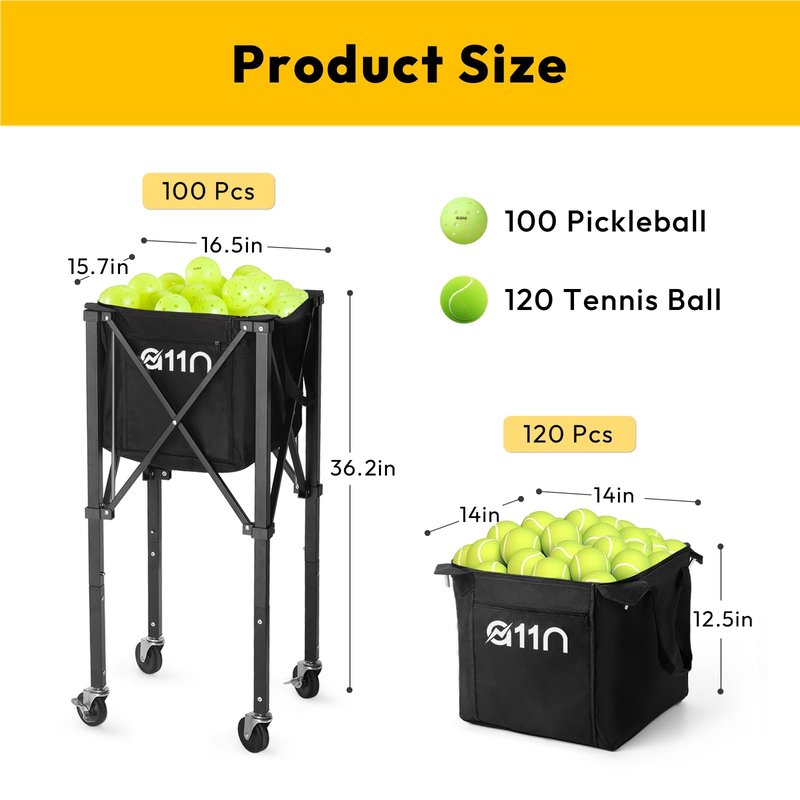 A11N Pickleball Tennis Ball Hopper - Sturdy Large Capacity Tennis Ball Basket Holds 120 Balls, Upgraded Pickleball Caddy Practice Equipment/Multifunction Pockets and Wheels for Training/Teaching