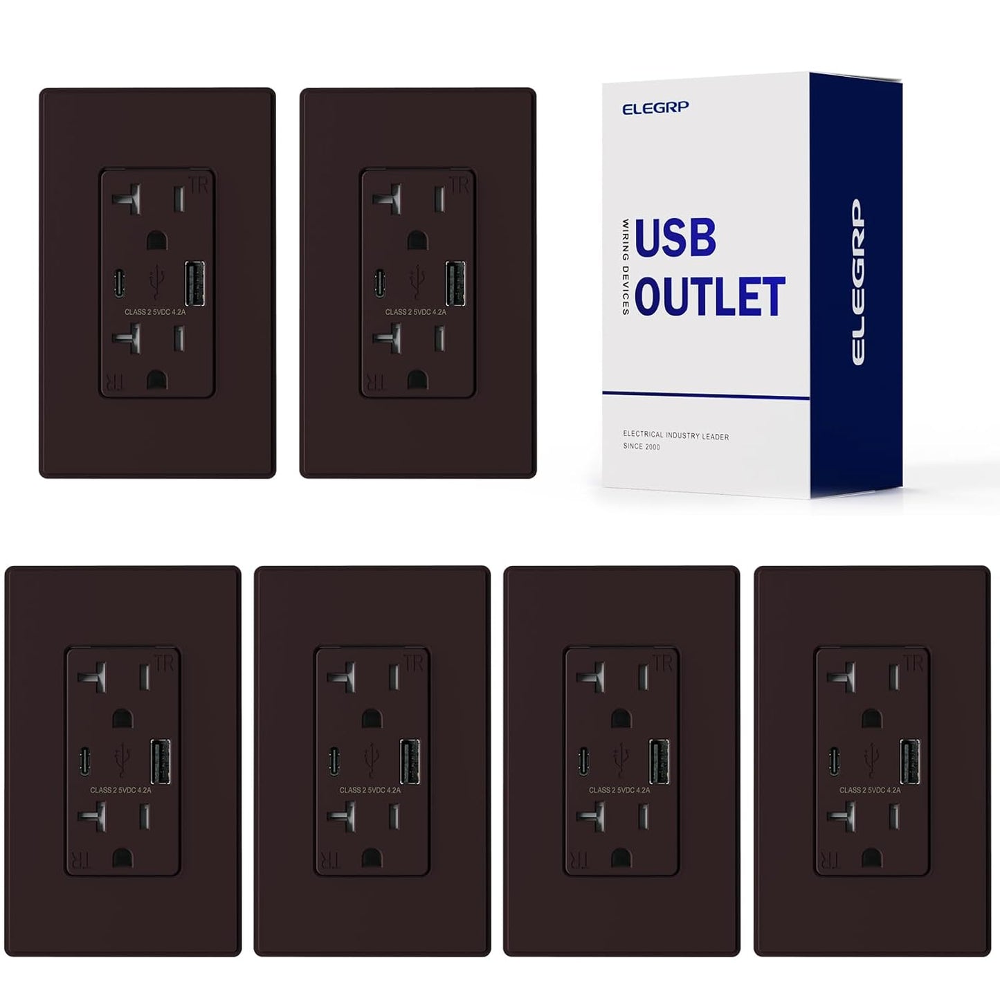 USB Wall Charger Outlet with A & C Ports - 15A Tamper Resistant, UL Listed, 6 Pack, Light Almond