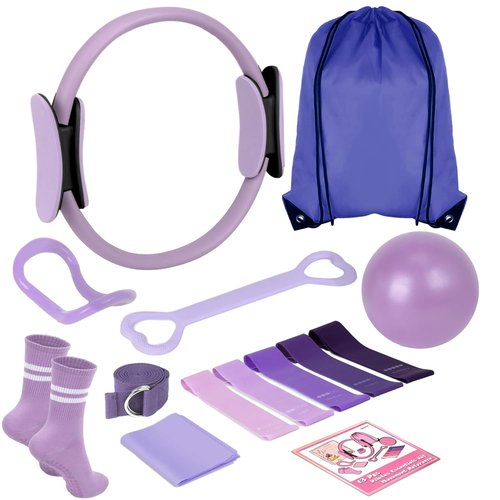 HAKELPOK Pilates Kit for Home Workouts Yoga for Women-12-Piece with Ring,Yoga Ball,5 Resistance Bands,Figure-8 Band,Arm Stretcher,Grippy Socks,Storage Bag for Toning,Strength & Flexibility(Purple)