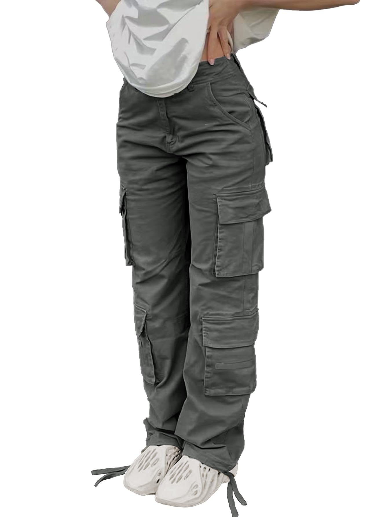 SDNGED Women's High Waisted Cargo Pants Travel Y2K Streetwear Baggy Stretchy Pants with Pockets Drawstring Ankle Cuffs Dark Grey