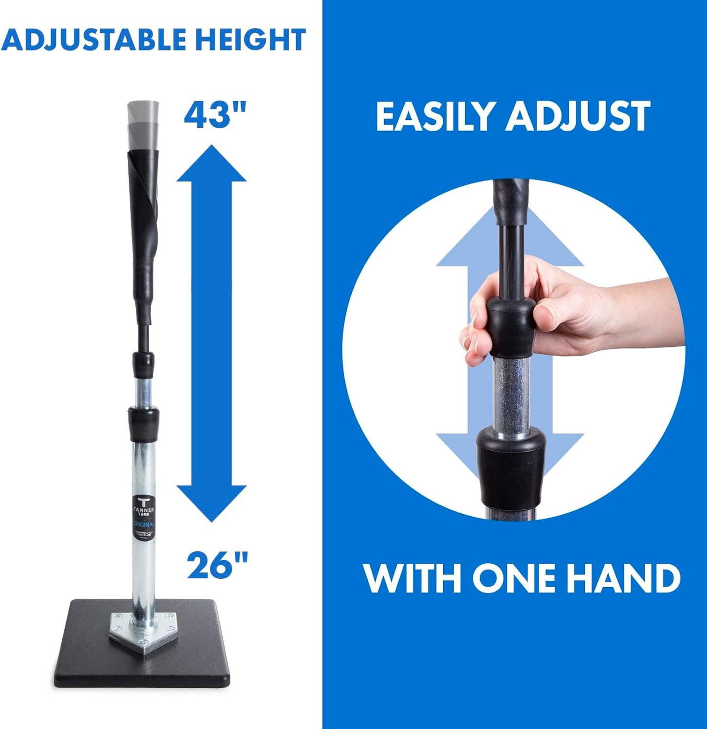 Tanner Tee | Adjustable Pro Batting Tee for Baseball & Softball - Steel Shaft, Composite Base, 26"-43" Height