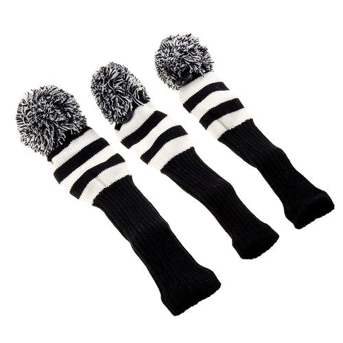 GOOACTION 3PCS Knitted Golf Head Covers 1-3-5 for Driver and Fairway Woods with Long Neck Design Vintage White and Black Sock Pom Pom Golf Club Head Covers Set