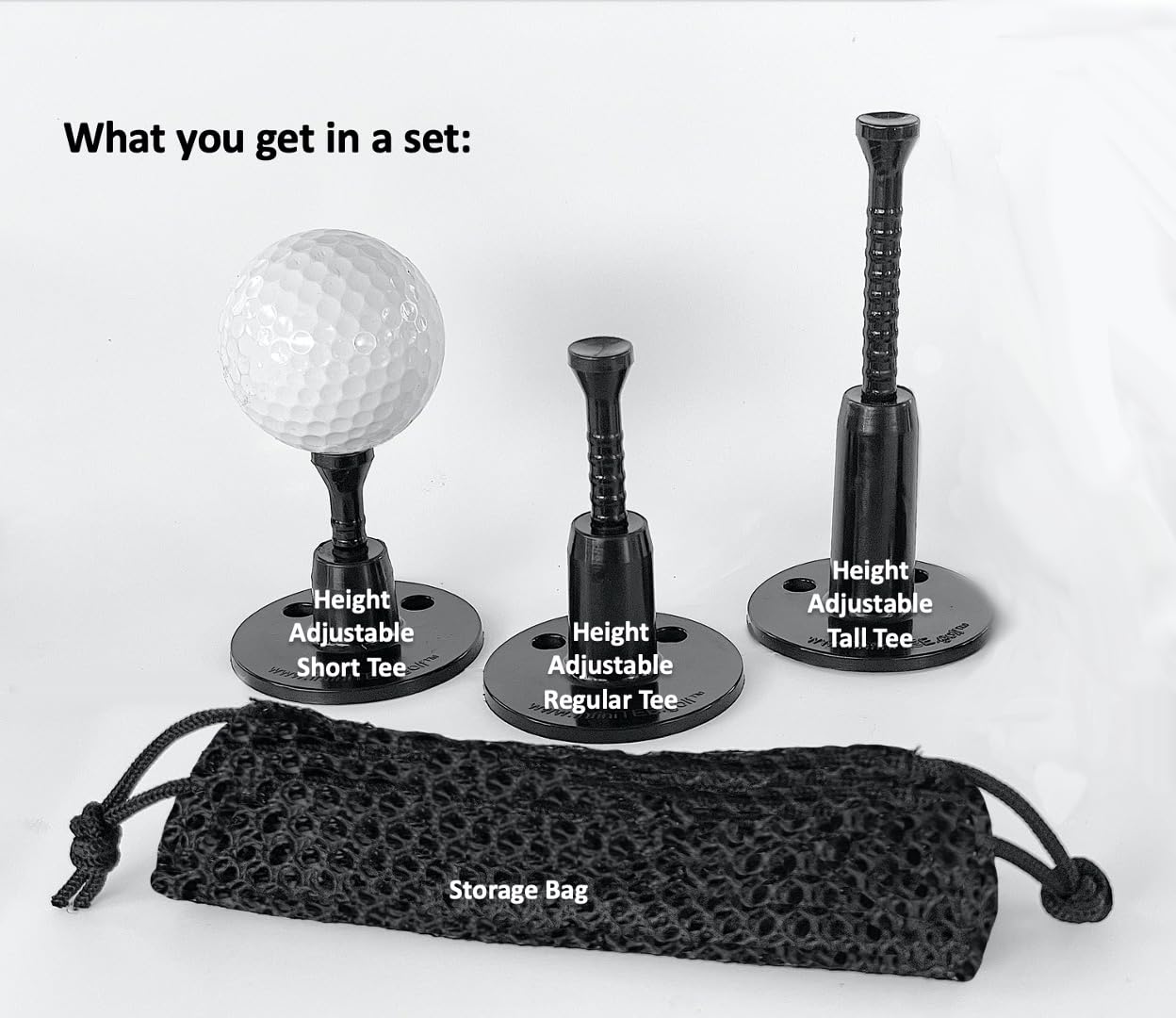 infiniTEE Height Adjustable Golf Tee Set for Driving Range Mats. Set of 3 Height Adjustable Golf Tees (Short, Regular, Tall) and Storage Bag