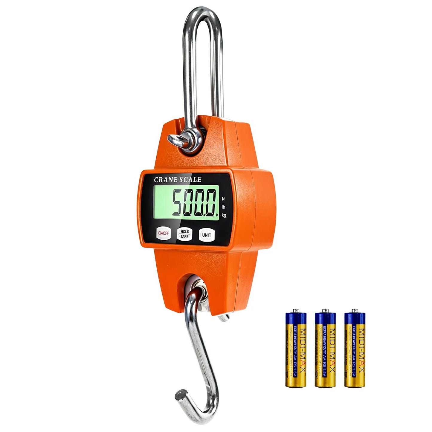 Digital Hanging Scale, 1100lb/500kg Handheld Crane Scale, Small Crane Scale with LCD Display and Hooks, Aluminum Alloy Body for Hunting, Outdoor, Luggage, Farm (Orange)