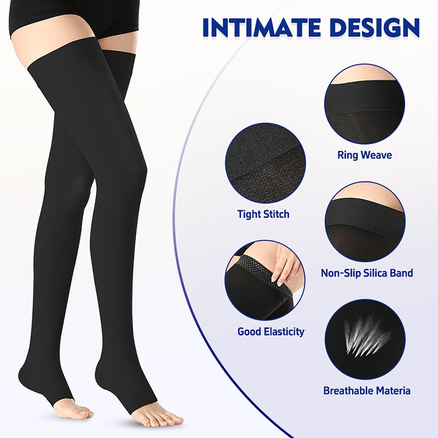 BURLWAY Open Toe Thigh High Medical Compression Stockings For Women & Men,15-20 mmHg Thigh High Compression Socks,Firm Graduated Support Hose with Silicone Dot Band-Ideal for Varicose Veins(1 Pair)