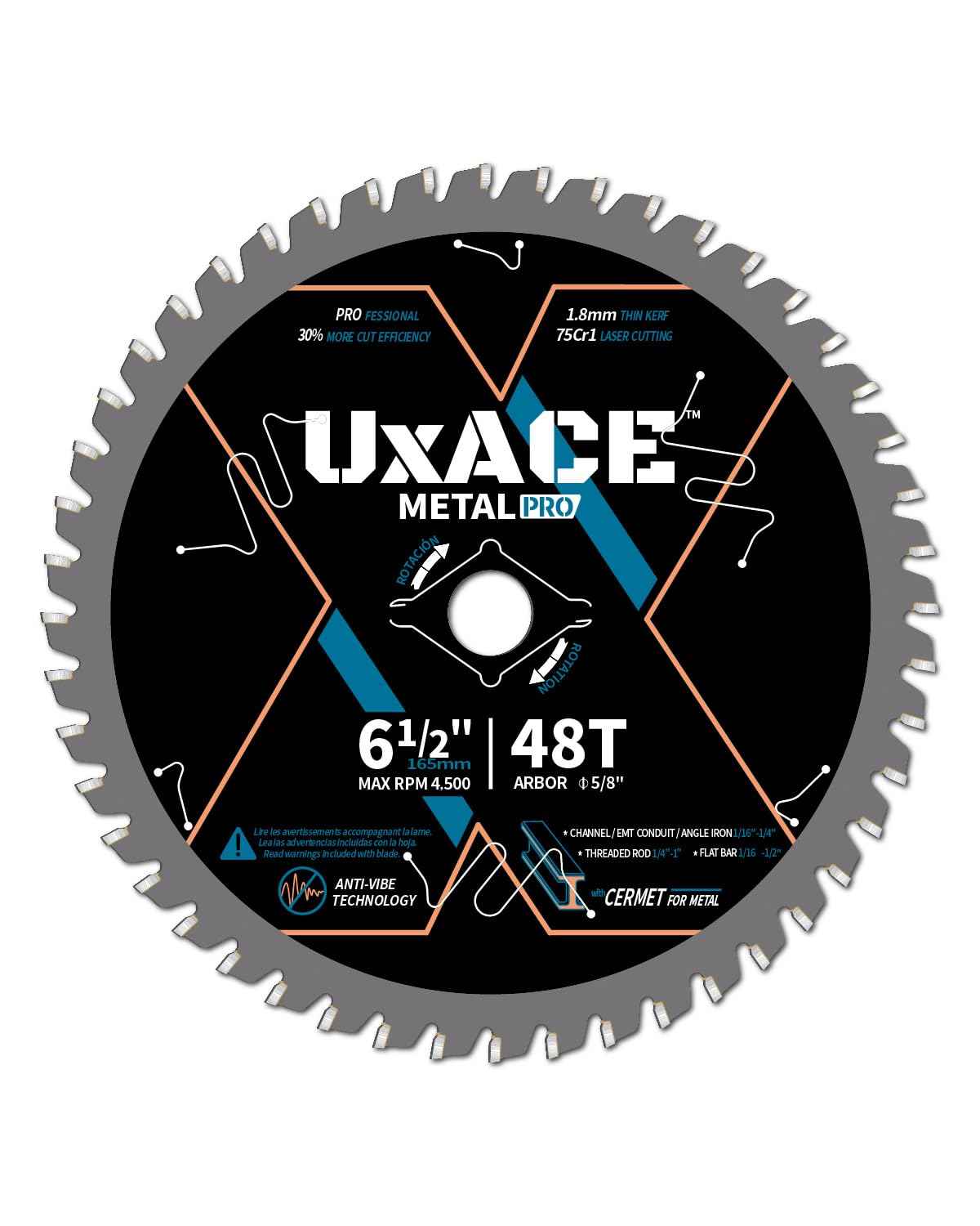 UXACE 6-1/2-Inch 48-Tooth Circular Saw Blade, 5/8-Inch Arbor, Ferrous Metal, Steel Cutting Blade, Carbide Tip, Thin Kerf, for Channel, EMT Conduit, Angle Iron, Threaded Rod, Flat Bar