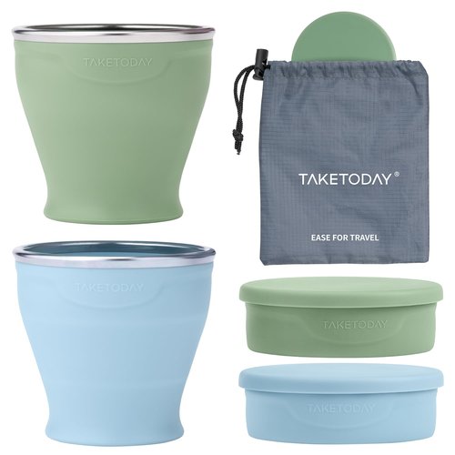 TakeToday 2PCS Collapsible Travel Cup - Silicone Foldable Water Cup, BPA-Free with Lid & Waterproof Bag - Drinking Cup Set for Camping, Outdoors & International Travel（8 Oz, Blue& Green）