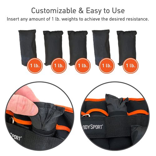 Body Sport Adjustable Ankle Weights for Men & Women, 1 lb.-5 lb., Customizable Weight Sets for Resistance Training (Orange)