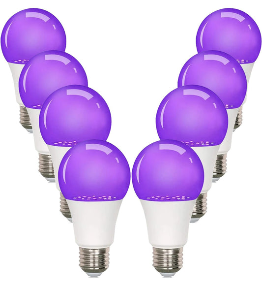 GODUORA 8-Pack LED Black Bulb, A19, UVA 385-400NM, 9W (100W Equivalent), E26 Head, Non-Dimmable, for Halloween Decorations, Glow Parties, Fluorescent Posters