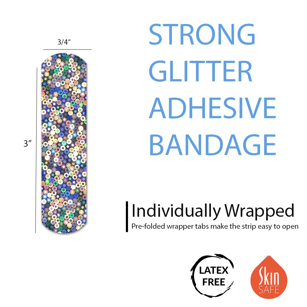 Glitter Strips Bandages for Kids - 100 Count Latex Free Adhesive Bandage 3/4"x3" for Wound Care, Minor cuts, scrapes and First aid