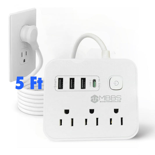 Surge Protector Power Strip with USB C, 1200J Protection, Heavy Duty Extension Cord – (7-in-1) 3 AC Outlets, 4 USB Ports, LED On/Off Switch – Compact & Travel Friendly – Home, Office. (5ft)