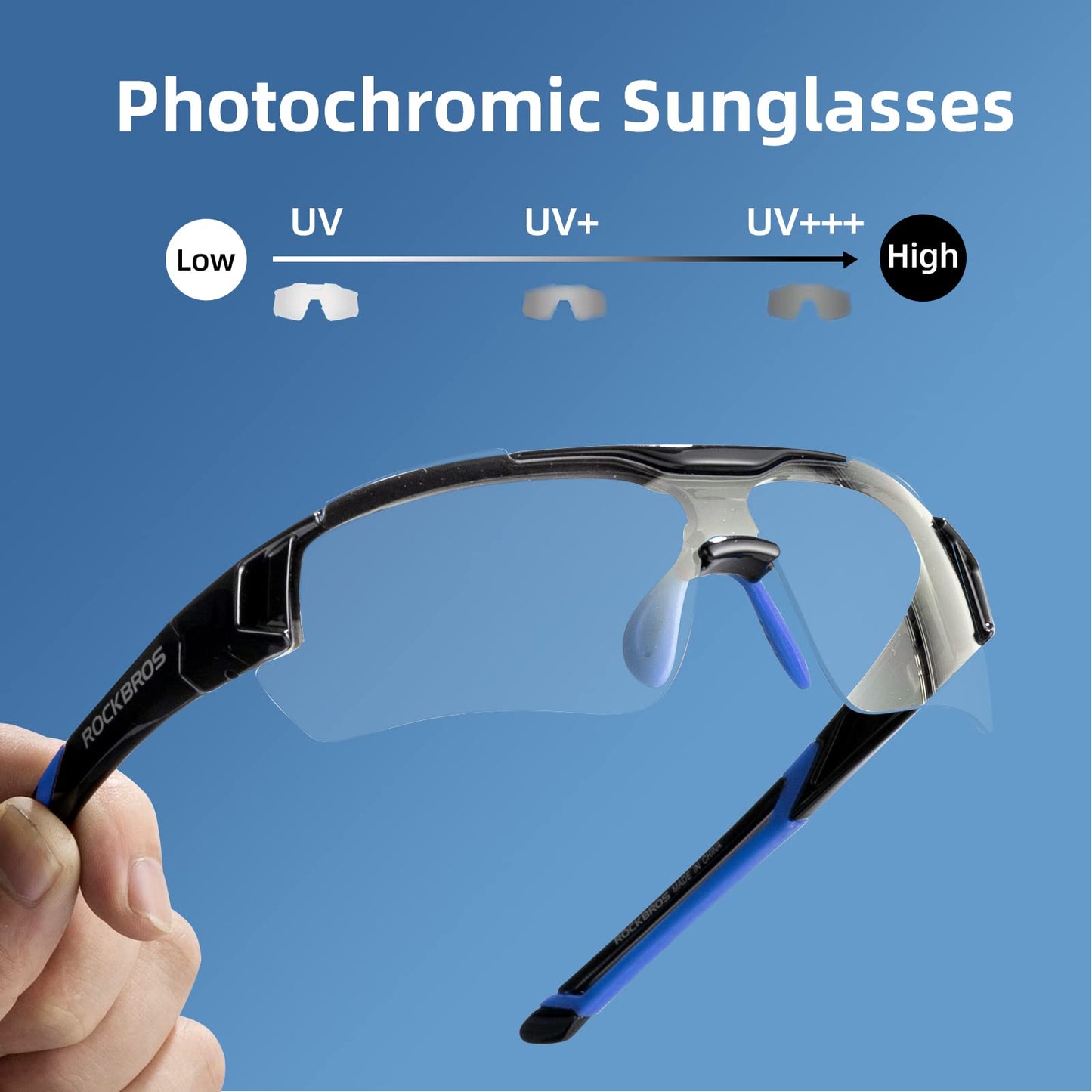 ROCKBROS Unisex Photochromic Cycling Sunglasses UV Protection for Outdoor Sport Black Blue