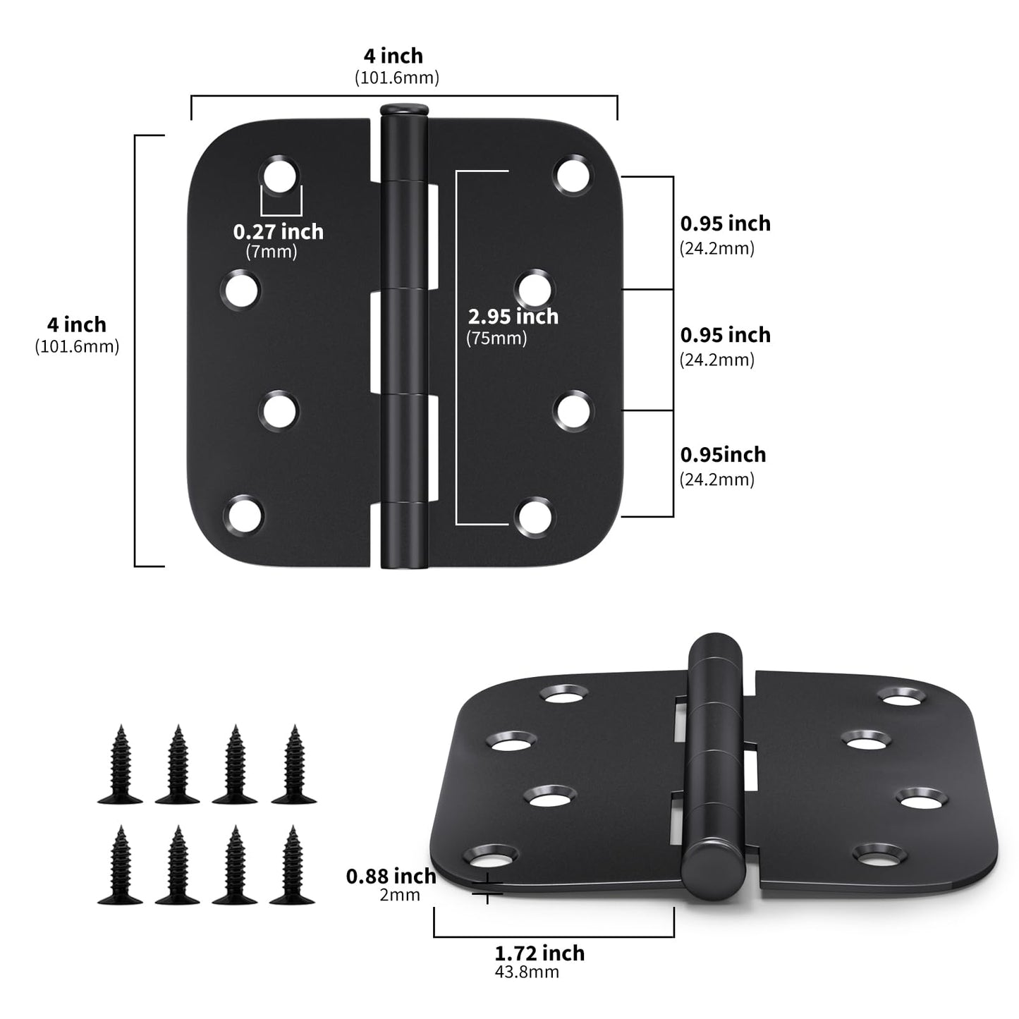 goldenwarm Pack of 6 Matte Black Heavy Duty Iron Door Hinges, 4 Inch x 4 Inch Interior and Exterior Black Door Hinges with 5/8" Radius Corners