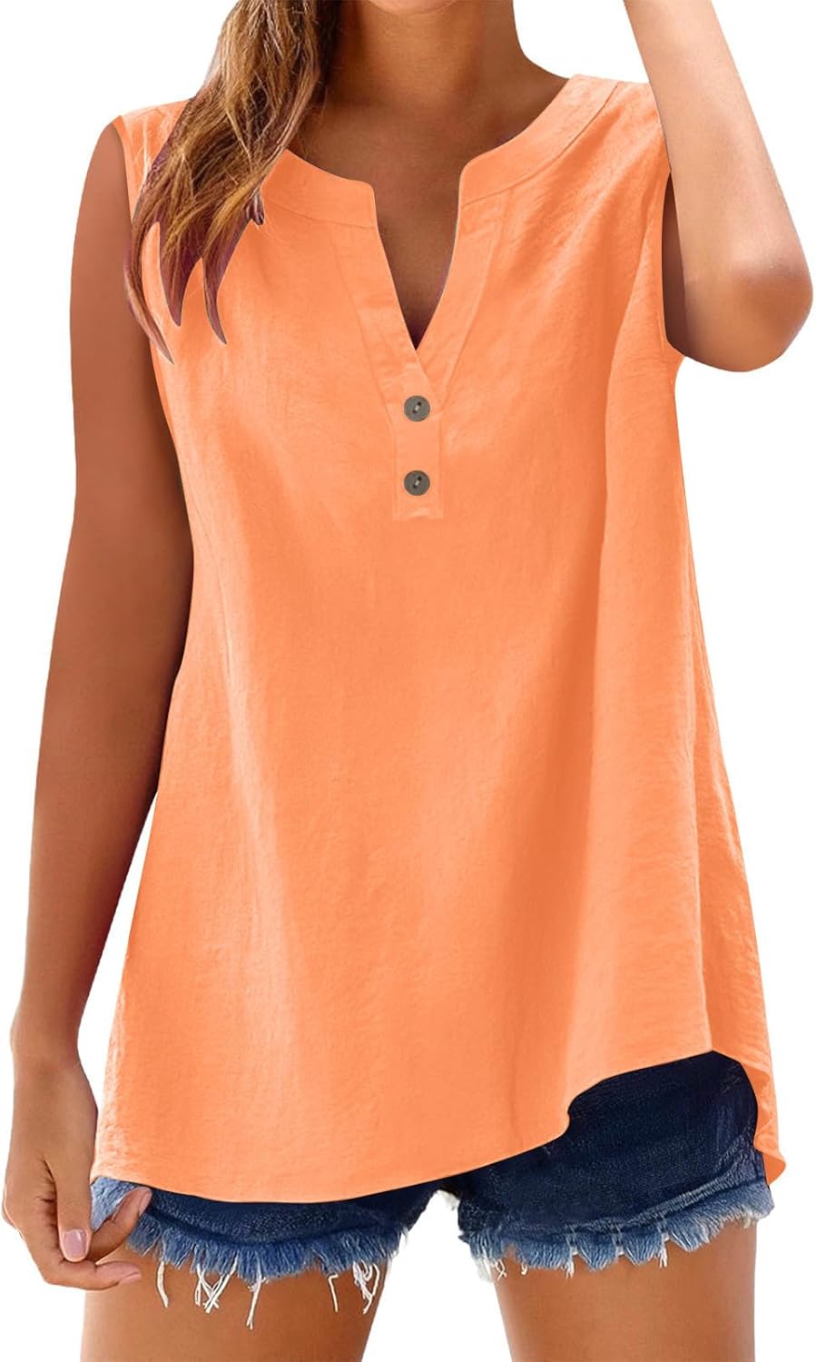 Skiennix Sleeveless Linen Shirt - V Neck Button Down Tank Top for Office & Casual Wear | Orange