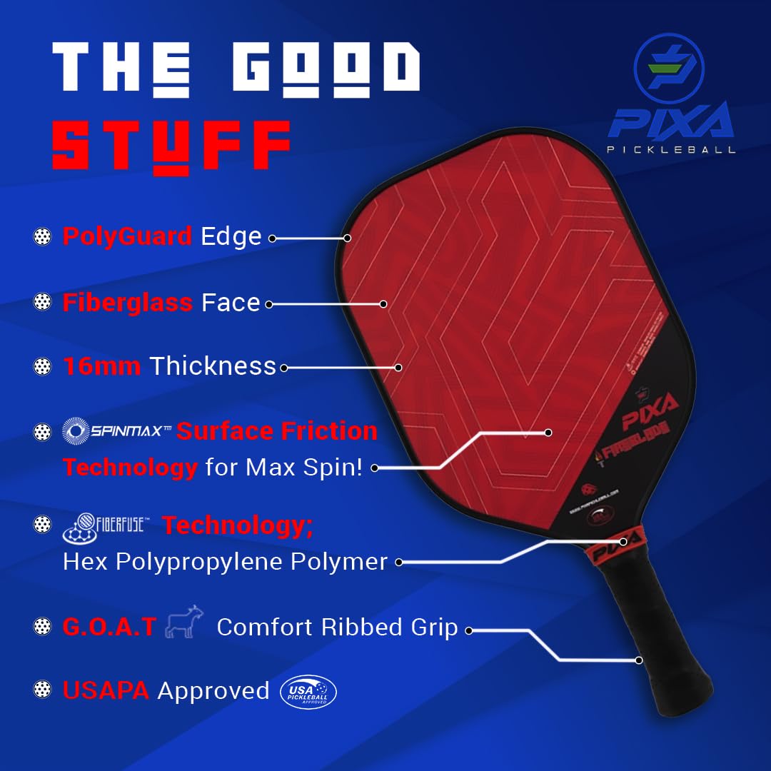PIXA Fireblade 16mm Fiberglass/Grit Pickleball Paddle Set of 2, w/ 4 Balls and 2 Cooling Towels, Bag; with Grit/Spin!, 16mm, Beginner Racket/Intermediate Racquet, Great Gift!