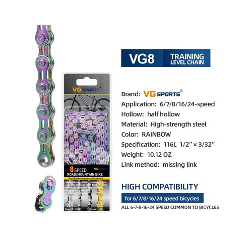 VG SPORTS 6/7/8/9/10/11 Speed Bike Chains, Half Hollow/Full Hollow Lightweight Bicycle Chains for Road Bike/MTB/BMX, Rainbow 116 Links with Missing Link