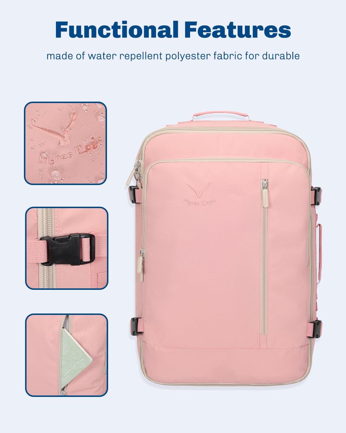 Hynes Eagle Carry on Backpack 38L Large Travel Backpack for Women Flight Approved Weekender Bag Laptop Backpack Men 15 inches Light Pink