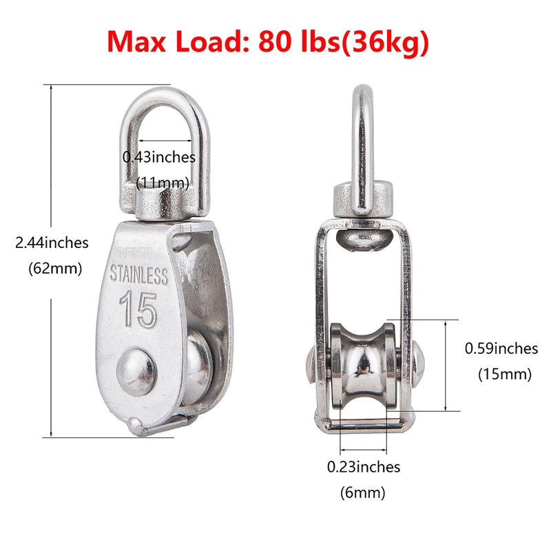 6Pcs 304 Stainless Steel M15 Single Pulley Block, Wire Rope Hanging Wire Towing Wheel, with 6Pcs Spring Snap Hook