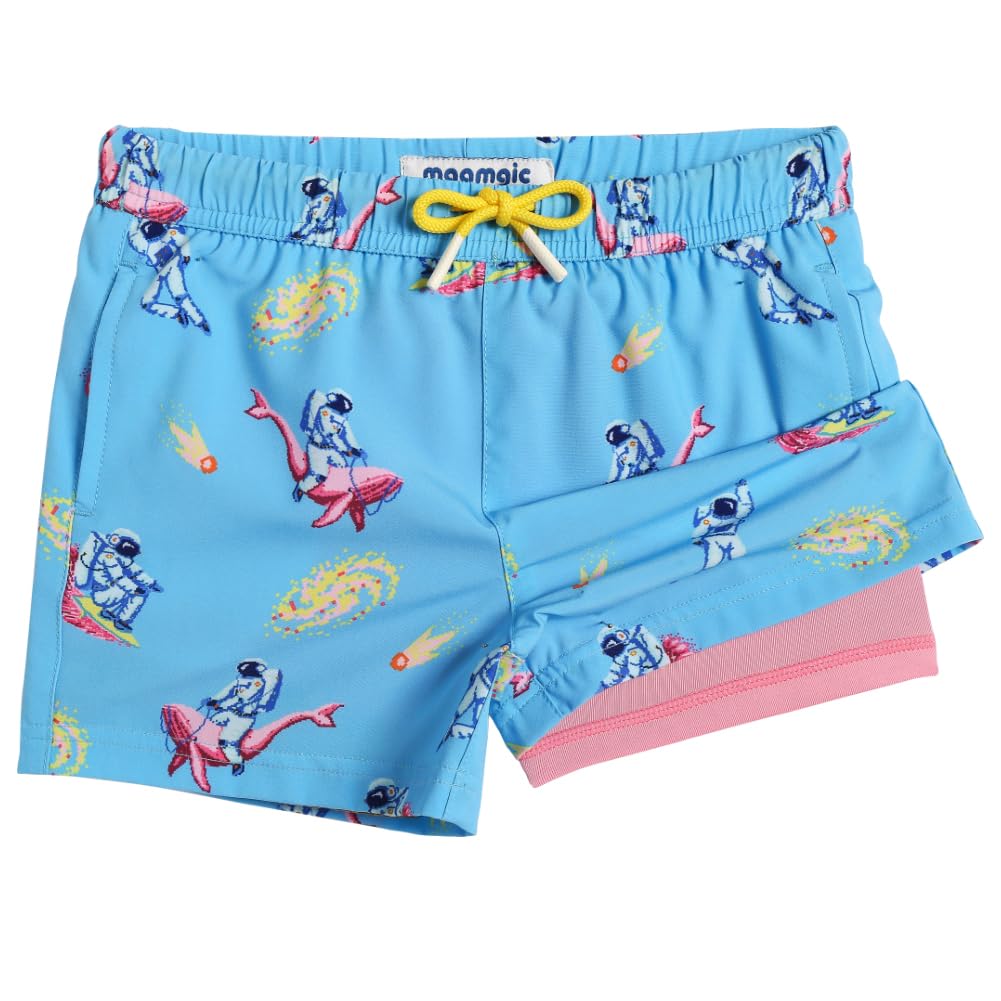 maamgic Boys Swim Trunks with Compression Liner Toddler Boy Swimsuit Quick Dry 4-Way Stretch Swimming Trunks Undersea Astronaut Blue 4T
