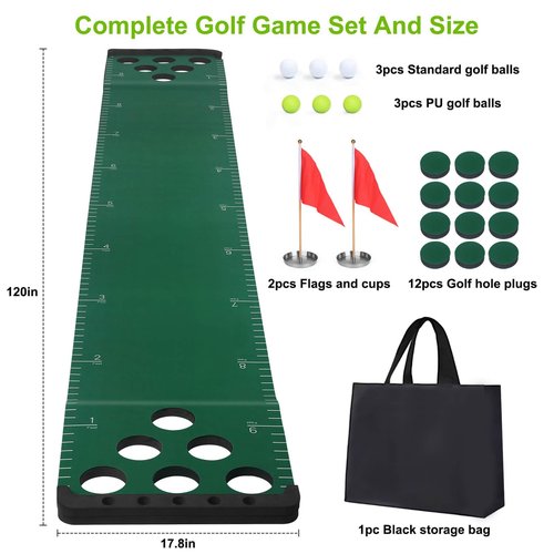 Chriiena Golf Putting Game Set, Putting Green Pong Game Mat Include 6 Balls, 1 Portable Bag, 2 Flags & Cups for Indoor Outdoor Backyard Party Use (Green)