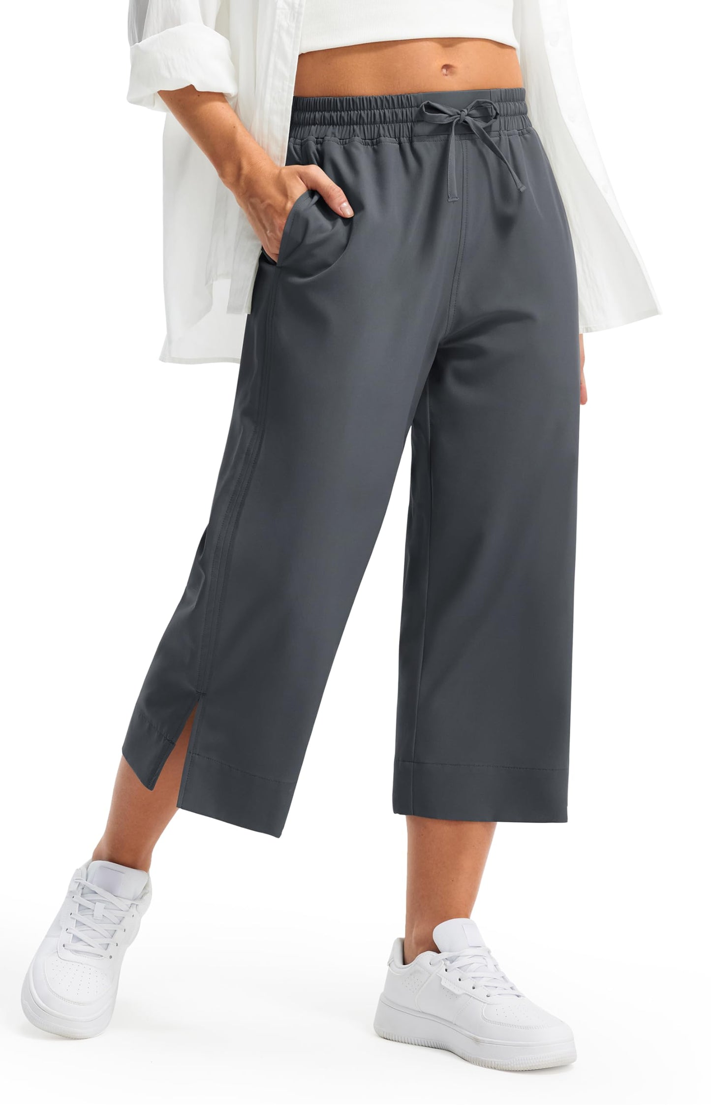 Libin Lightweight Capri Pants for Women Wide Leg Beach Pants, Dark Grey L