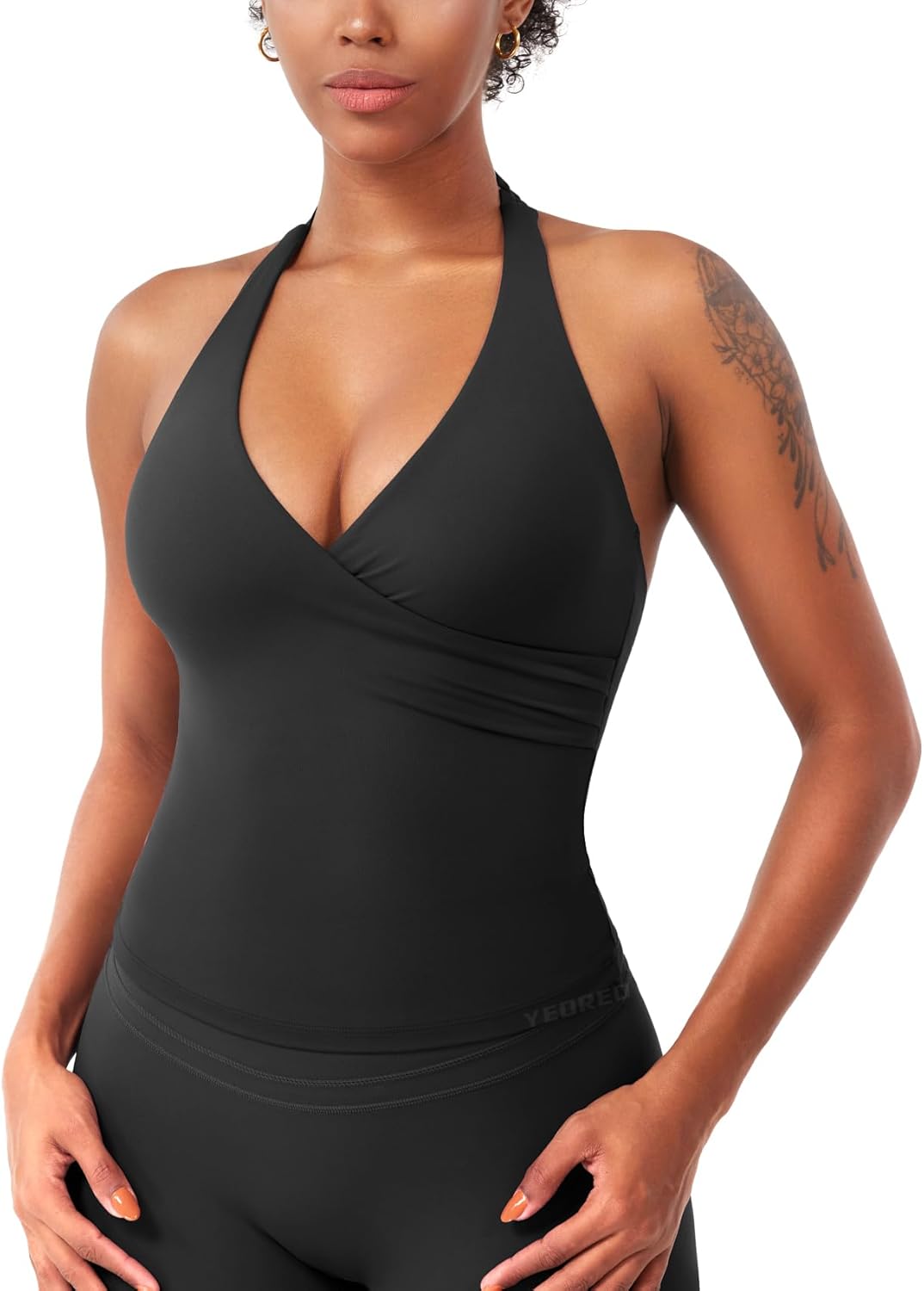YEOREO Women's Halter Tank Top - Padded Deep V Neck Workout Camisole | Longline Strappy Design
