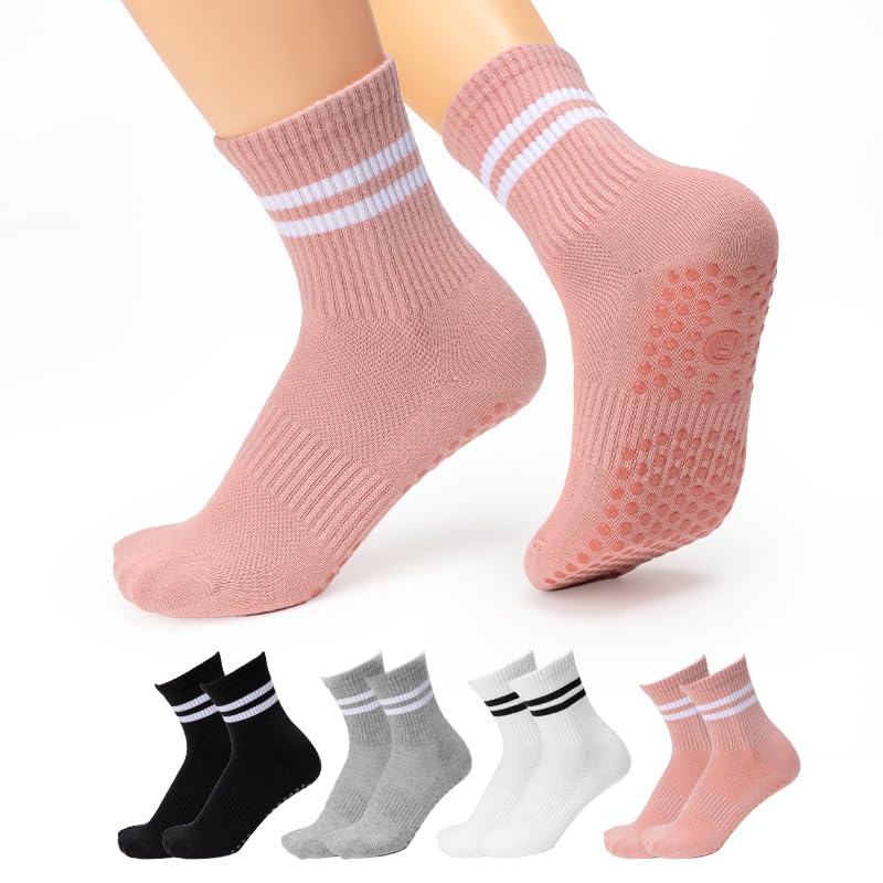 Non-Slip Pilates Socks with Grips for Women - 4 Pairs Pink