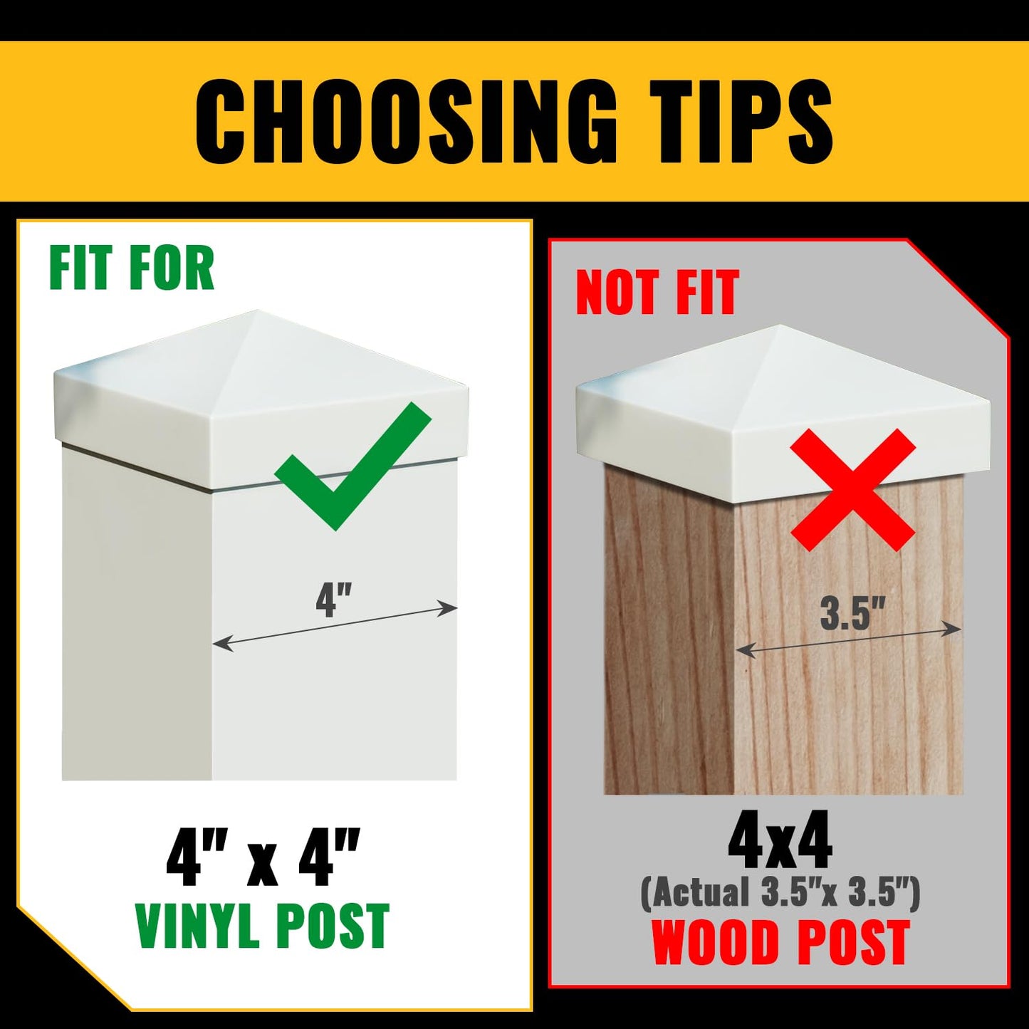 VIVIDA 4" x 4" Vinyl Post Caps (2-Pack), White PVC Pyramid Fence Post Top Caps for Actual 4" x 4" Vinyl Fence, Deck, Mailbox