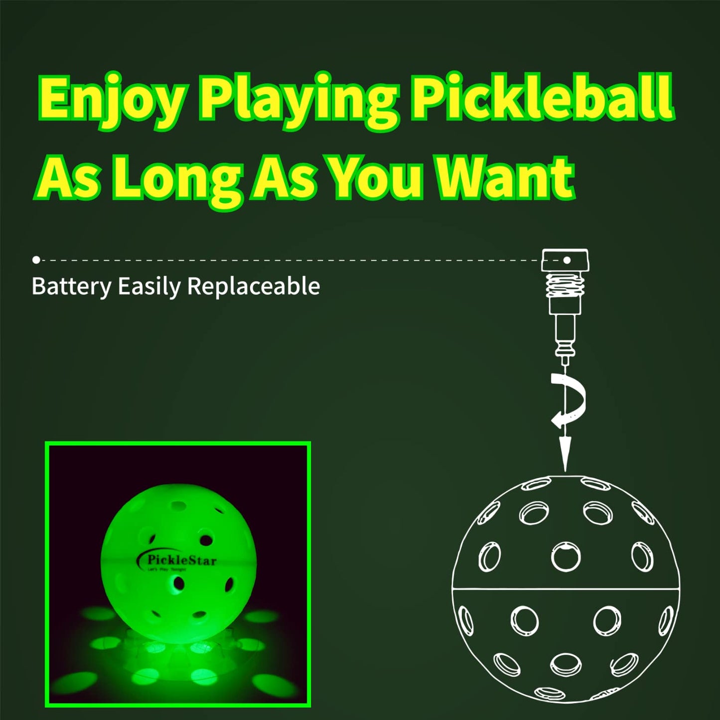 PickleStar LED Light Up Pickleball Balls, Offcial Size Outdoor 40 Holes Green PickleBalls with Green Light 4 Pack LED Light Up Pickle Balls, 6 Batteries Included, for Pickleball Lovers