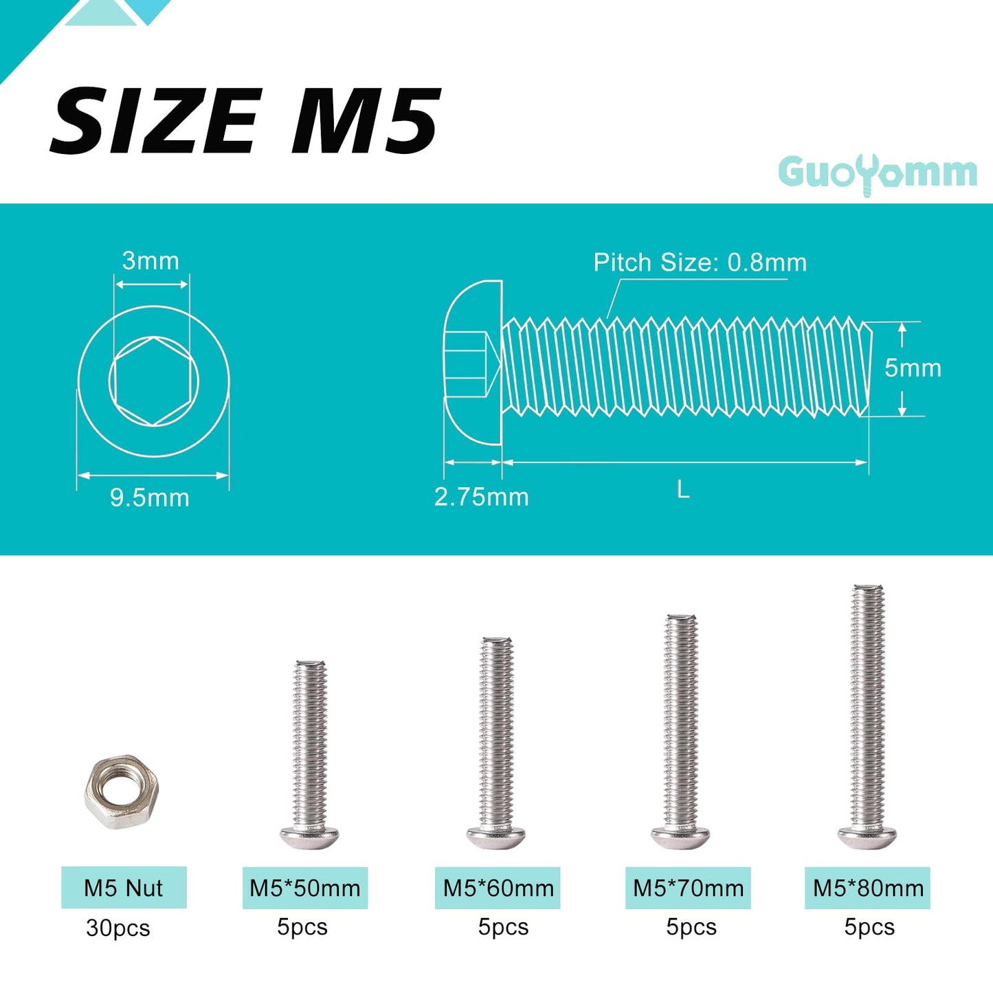 GuoYomm 50PCS M5 x 50mm 60mm 70mm 80mm, Button Head Socket Cap Screws Bolts Nuts Kit, Stainless Steel 304, Metric Allen Hex Drive, Fully Threaded