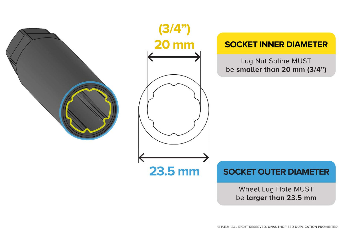 StanceMagic Large 6 Point Spline Drive Tuner Replacement Socket Key Tool for for Six Spline Truck SUV Wheel Lock Lug Nuts - 20mm Inner Diameter - 21mm 13/16" 22mm 7/8" Hex Socket Wrench - Black