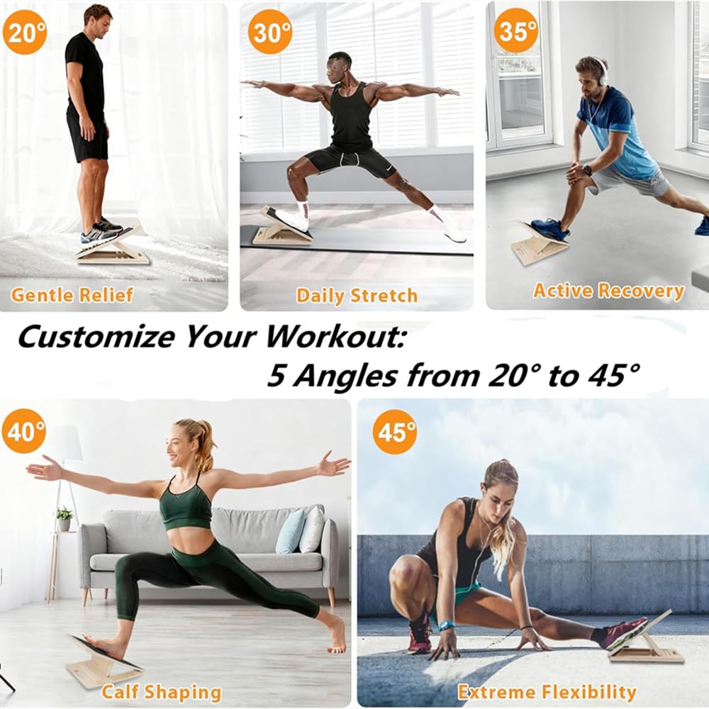 Kvittra Adjustable Wooden Slant Board for Calf Stretching, Incline Exercise Stretcher for Ankle, Heel, Knees & Leg Mobility – Portable Wedge Equipment for Squats
