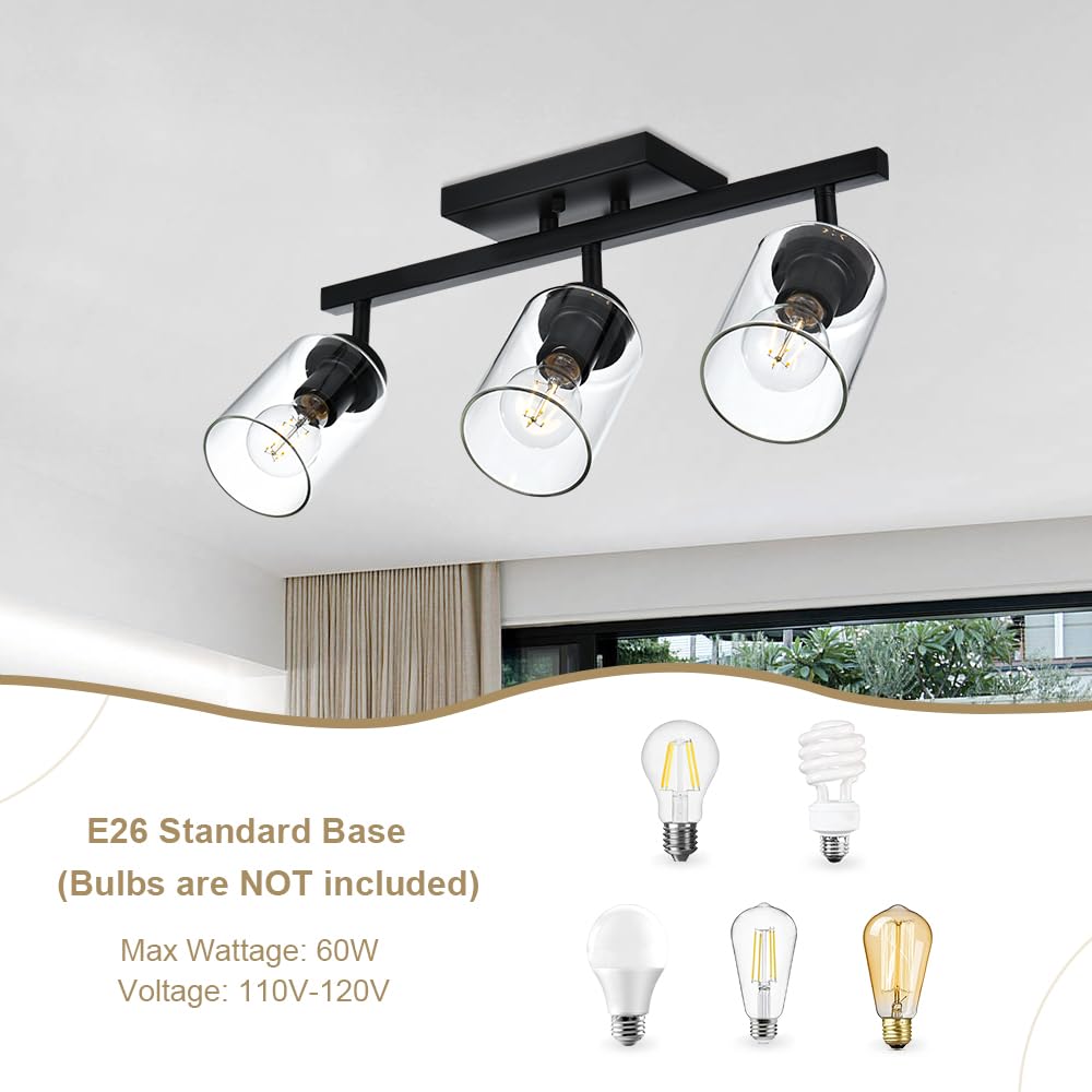 VINLUZ 3 Light Black Wall Sconces Bathroom Vanity Lighting Fixture with Clear Glass Shade Classic Spotlight Fixture with Rotatable Light Head Metal Ceiling Light Fixture