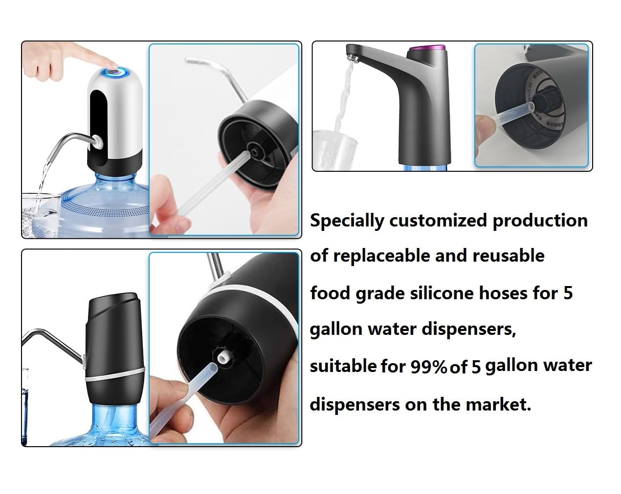Myvision Replacement Hose & Cap for Electric Water Dispenser Pump, Contains Food Grade Silicone 5 Gallon Water Bottle Cap ×1 and Food Grade Hose ×1 Extended and Thickened Total Length 2.8 FT