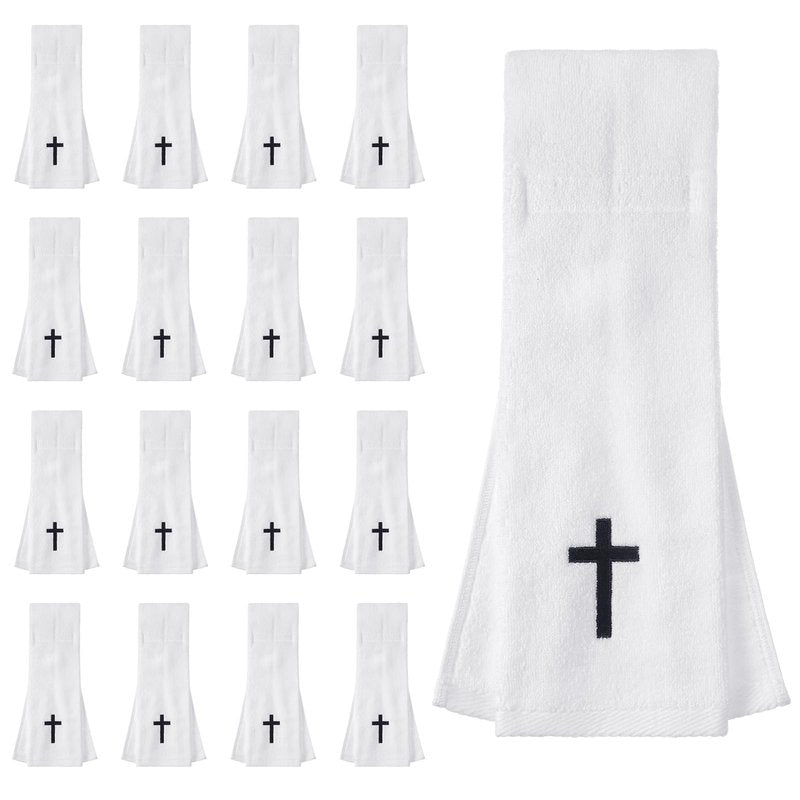 HunnmingRe 16 Pcs Christian Cross Football Towel Cotton Quarterback Pitching Qb Towel for Football Field with Hook and Loop Fastener for Men Sports Gym White Yoga Accessories