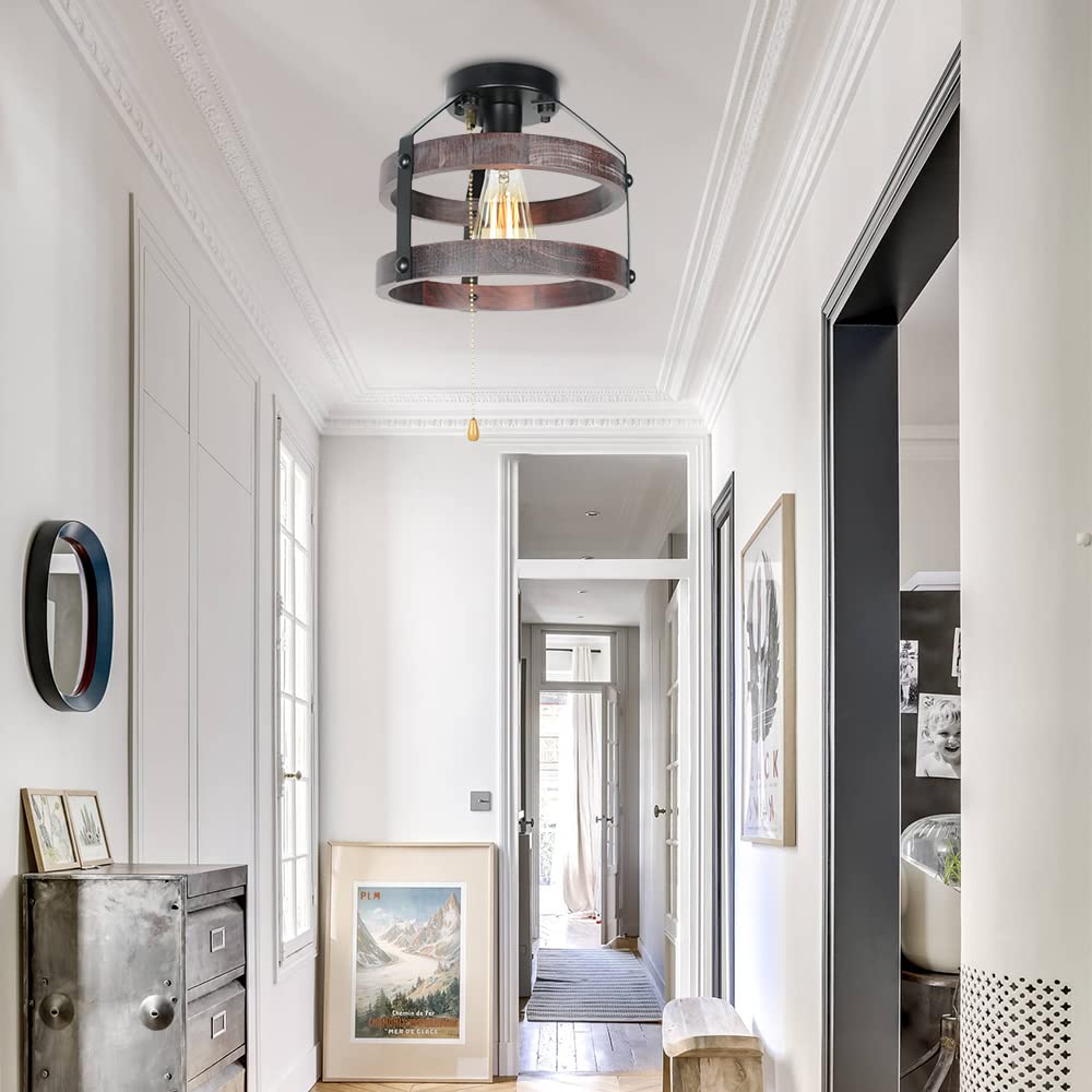 Farmhouse Flush Mount Ceiling Light with Pull Chain, 1-Light Small Wood Rustic Close to Ceiling Light Fixture Pull String Country Home Lighting Edison E26 8060PC