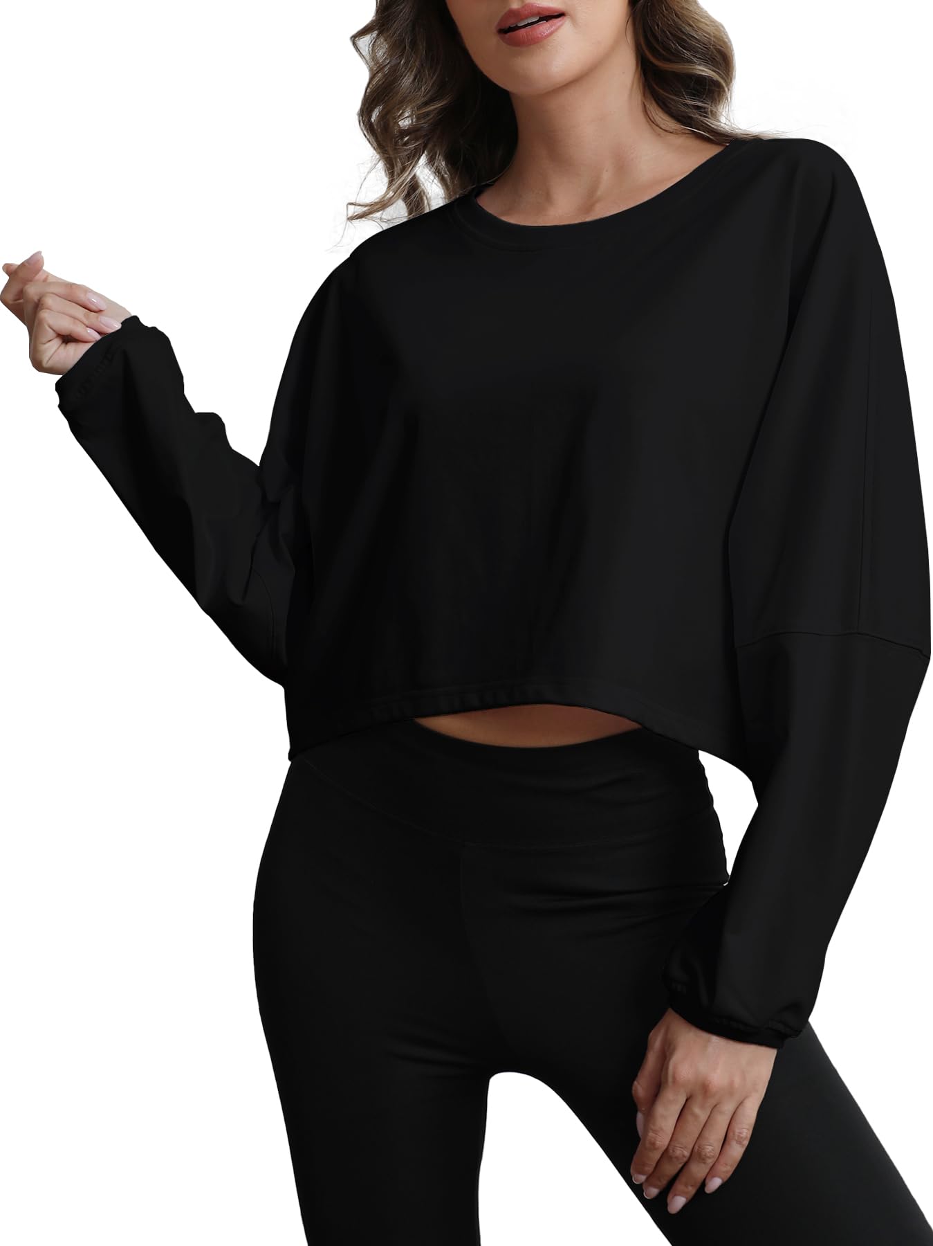 MATEAM Womens Cropped Sweatshirt Loose Fit Workout Tops - Crewneck Pullover Long Sleeve Casual Fashion Sweaters for Yoga Gym Fitness Black M