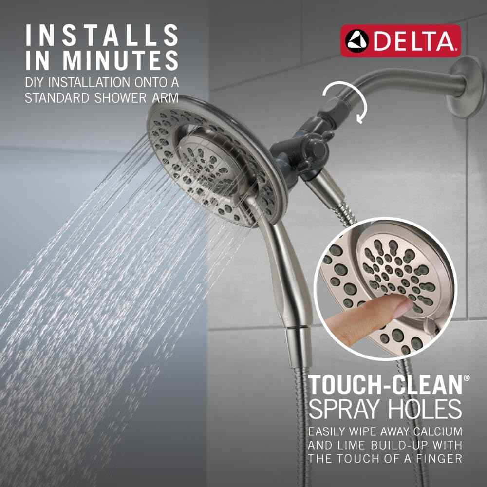 Delta 4-Setting In2ition 2-in-1 Dual Shower Head with HandHeld Spray, Brushed Nickel Detachable Shower Head with Hose, Showerhead, 1.75 GPM Flow Rate, SpotShield Nickel 75486CSN