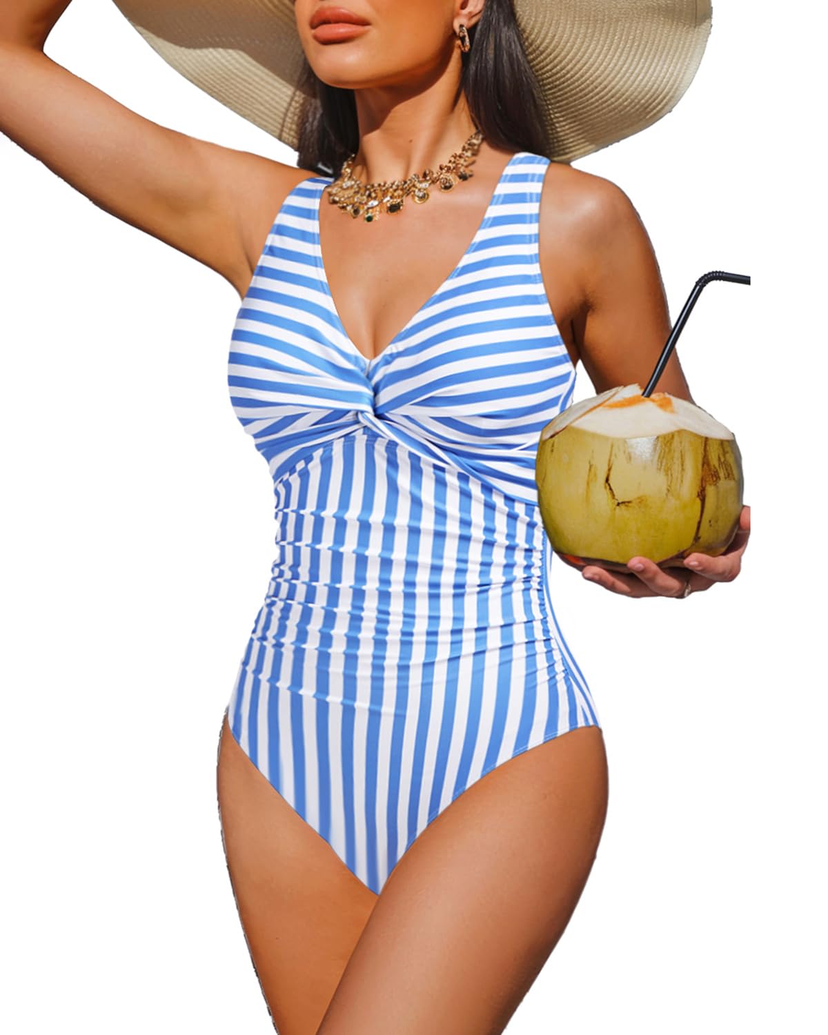 Holipick Light Blue Striped Tummy Control One Piece Swimsuit Full Coverage Bathing Suit L