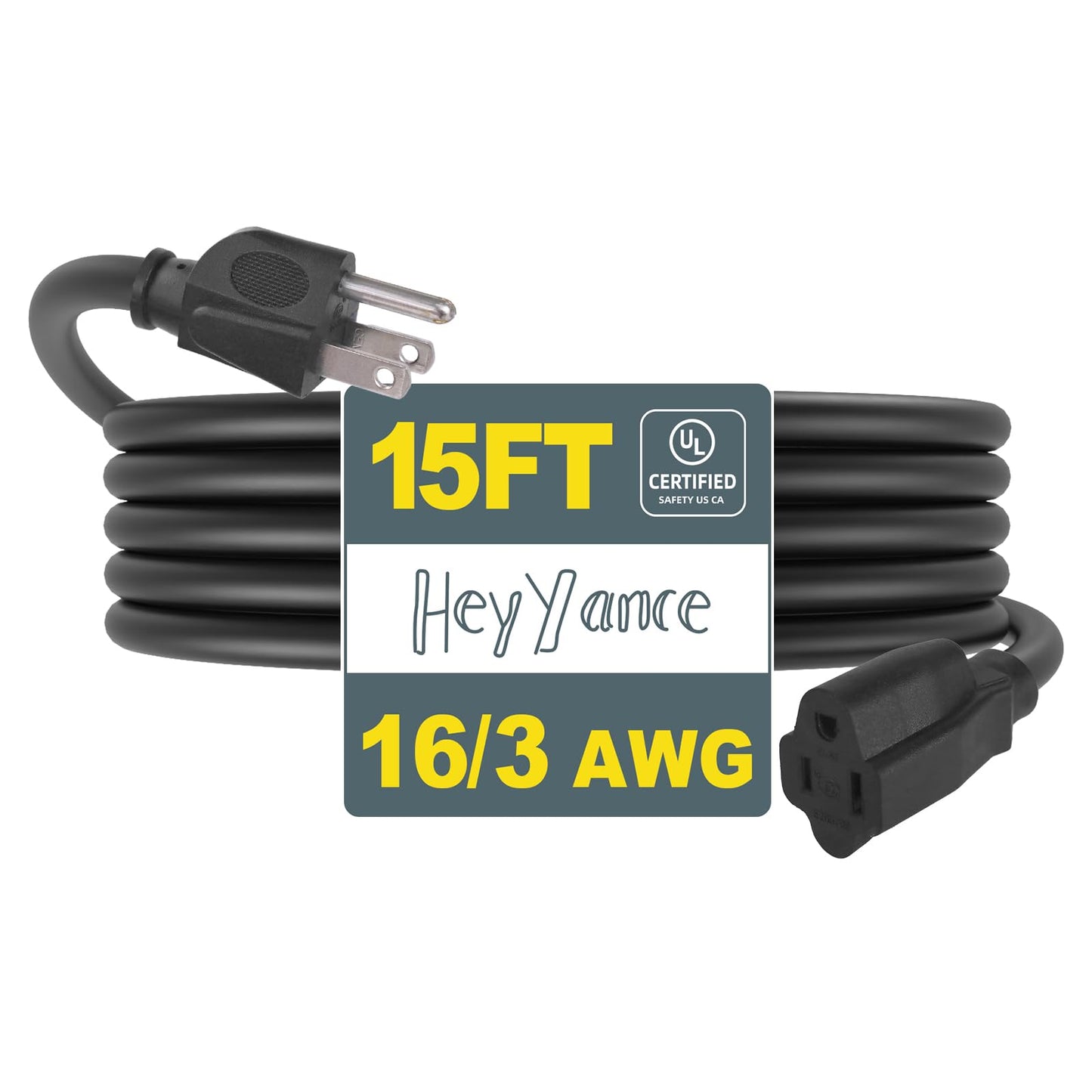 HeyYance Heavy Duty Outdoor Extension Cord Waterproof - 15 Ft Extension Cords with 3 Prong Grounded Plug, 16/3 SJTW 13A 1625W Black Extension Cable for Lawn, Garden, Appliances, Lights