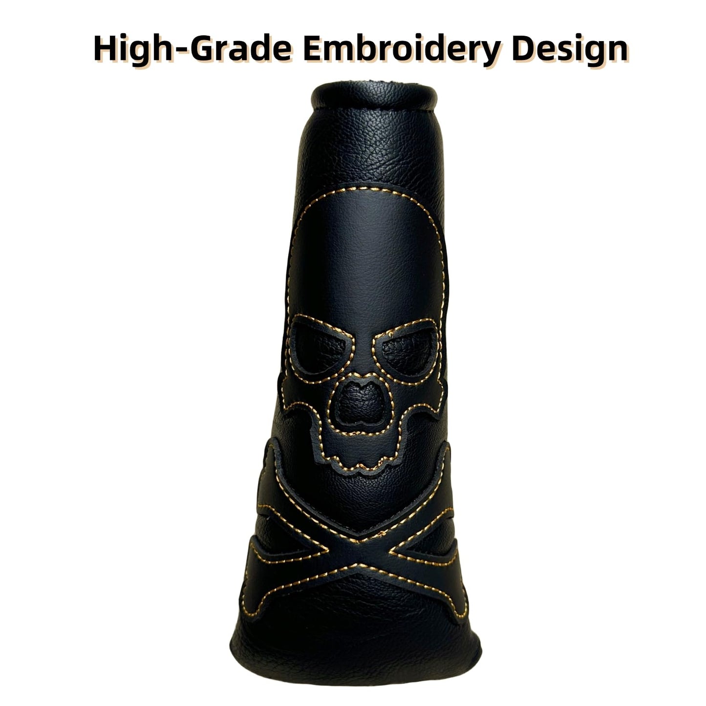 Skull Magnetic Golf Putter Cover Headcover Blade Putter Head Cover in Black with Gold Stitching Skeleton Putter Headcovers