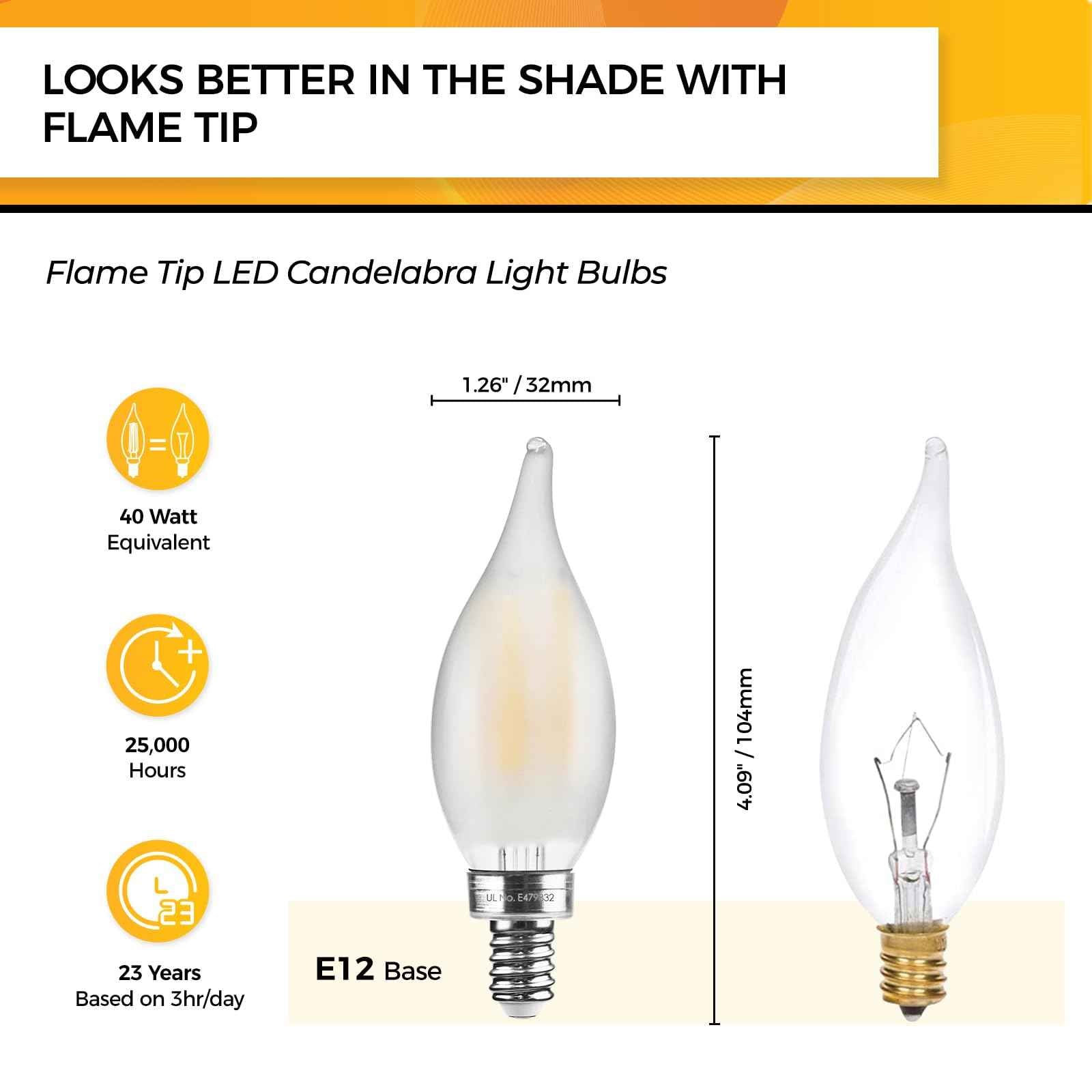 Hizashi LED Frosted Candelabra Light Bulbs, E12 LED Bulb 40W Equivalent, Dimmable, 2700K Warm White Chandelier Light Bulbs, 90+CRI, 450LM, Flame Tip CA10, UL Listed, 6 Pack