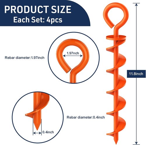 Eurmax USA Canopy Tent Stakes | Durable Corkscrew Shape Steel with Installation Tool & Ropes - Set of 4 (Orange)