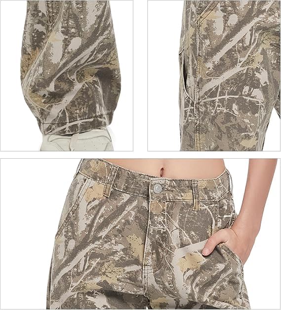 PinkyMoor Women Camouflage Cargo Pants XX-Large, Green – Straight Wide Leg Trousers with Pockets