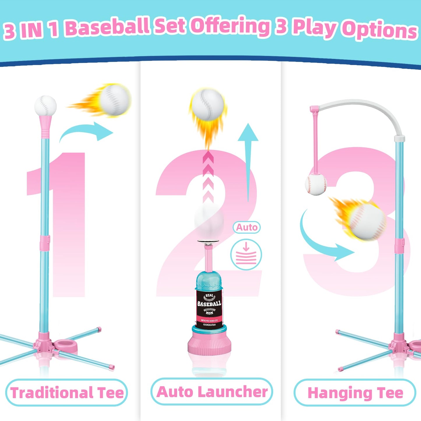 3-in-1 T Ball Set for Kids, Baseball Toys Sport Gift for Toddler Boys Girls