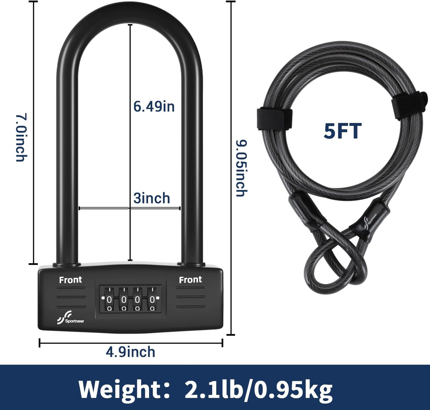 Sportneer Bike Lock - Heavy Duty 14mm Keyless Combination U-Lock with 5ft Security Cable | 9.05''x4.9''