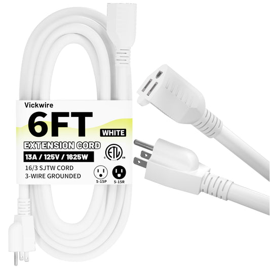 16/3 White Indoor Outdoor Extension Cord 6 Ft Waterproof, Heavy Duty Extension Cord with 3 Prong Grounded Plug,13A 1625W 16AWG SJTW, Flexible Weatherproof Power Cable