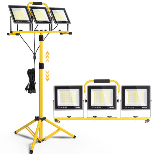 31000 Lumen LED Work Lights with Stand - 3 Head Portable Work Lights with 16.5FT Cords - IP66 Waterproof Foldable Tripod Work Lamp for Outdoor Indoor Job Site Construction Garage Site Lighting (6500K)