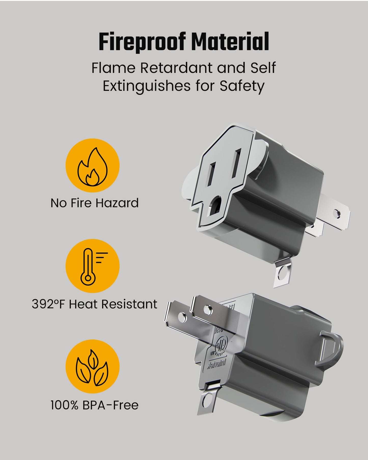 2 Prong to 3 Prong Outlet Adapter, SUPERDANNY ETL Listed 3-2 Prong Adapter, Fire-Retardant (392℉) PBT Material, Heavy Duty Wall Plug Adapter for Old Homes, Travel to Japan, Gray, 6-Pack