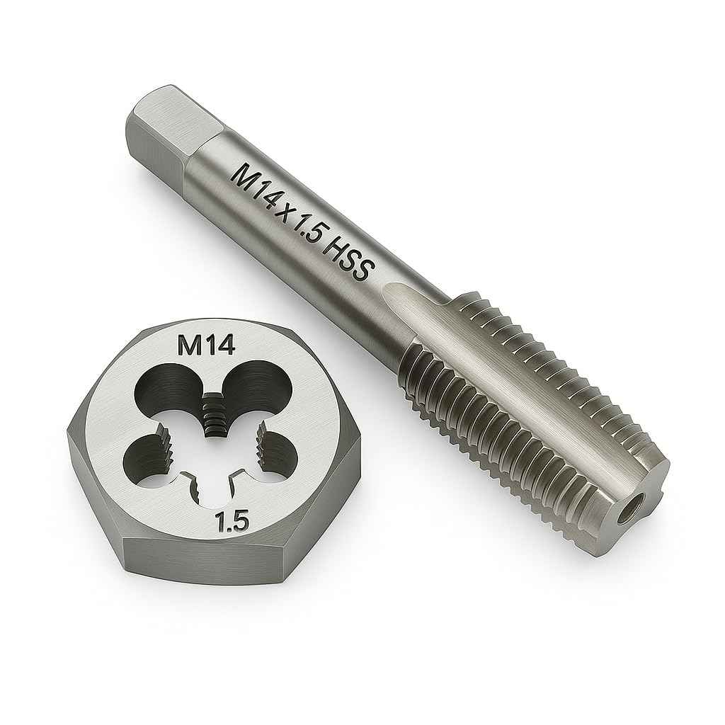 M14 x 1.5 Metric Tap and Die Set HSS Machine Tap and GCr15 Alloy Steel Hex Die Right Hand Thread Cutting Tool for Metal Repair